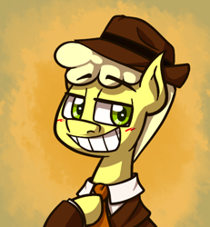 Size: 600x650 | Tagged: safe, artist:alittleofsomething, imported from derpibooru, oc, oc:bananas wit, 1930s, 30s, abstract background, askbananaswit, blushing, clothes, dapper, debonair, fashion, fedora, good lookin', hat, lidded eyes, lookin' good, looking at you, looking good, necktie, smiling, smiling at you, snazzy, solo, style, stylish, suit