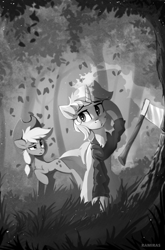 Size: 1346x2043 | Tagged: safe, artist:ramiras, imported from derpibooru, applejack, lyra heartstrings, earth pony, pony, unicorn, fanfic:background pony, axe, female, grayscale, horn, mare, monochrome, weapon