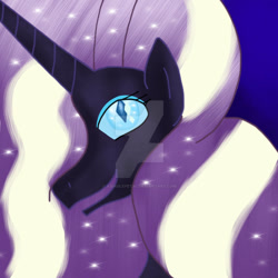 Size: 1024x1024 | Tagged: safe, artist:asinglepetal, idw, imported from derpibooru, nightmare rarity, rarity, pony, unicorn, blue background, bust, ethereal hair, ethereal mane, eyeshadow, female, gradient background, horn, ipad, makeup, mare, nightmarified, obtrusive watermark, procreate, procreate app, simple background, solo, space, starry mane, tumblr:a rarity of a nightmare, tumblr:ask nightmare rarity, watermark, wavy hair, white stripe, white stripes