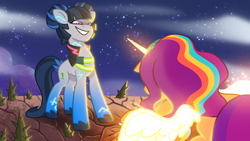 Size: 2400x1350 | Tagged: safe, artist:shad0w-galaxy, imported from derpibooru, sunny starscout, alicorn, earth pony, pony, leak, spoiler:g5, spoiler:my little pony: tell your tale, antagonist, artificial horn, artificial wings, augmented, cloud, concept art, cracked ground, defeated, evil grin, g5, grin, horn, magic, magic horn, magic wings, my little pony: tell your tale, night, outdoors, race swap, sky, smiling, stars, sunnycorn, the petal gala, thorn, vine, wings, zinnea