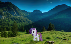 Size: 3840x2400 | Tagged: safe, edit, editor:unicornchud, imported from derpibooru, rarity, unicorn, braid, horn, mountain, outdoors, pigtails, scenery, solo