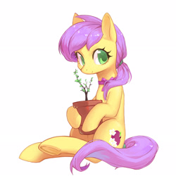 Size: 3414x3414 | Tagged: safe, artist:蜗牛, imported from derpibooru, oc, oc only, oc:plum blossoms, earth pony, pony, bowtie, earth pony oc, female, hoof hold, looking at you, mare, potted plant, sapling, simple background, sitting, smiling, smiling at you, solo, tail, tail wrap, underhoof, white background