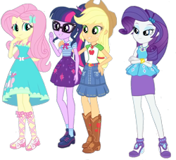 Size: 1183x1076 | Tagged: safe, edit, edited screencap, editor:jacksontormbaymaz, imported from derpibooru, screencap, applejack, fluttershy, rarity, sci-twi, twilight sparkle, a fine line, equestria girls, equestria girls series, ankle strap, applejack's hat, applejack's shirt with a collar, background removed, belt, boots, bow, bracelet, butterfly hairpin, clothes, collar shirt, cowboy boots, cowboy hat, crossed arms, cutie mark, cutie mark accessory, cutie mark on clothes, denim, denim skirt, eyeshadow, fluttershy boho dress, geode of fauna, geode of shielding, geode of super strength, geode of telekinesis, glasses, gold, hairpin, hand behind back, hand on hip, hand on shoulder, hat, high heel sandals, high heels, jewelry, lace sandals, lidded eyes, low ponytail, magical geodes, makeup, my little pony equestria girls: better together, necklace, pencil skirt, pendant, polo shirt, ponytail, puffy sleeves, purple skirt, rarity peplum dress, sandals, sci-twi skirt, shirt with a collar, shoes, simple background, skirt, socks, stetson, teenager, transparent background