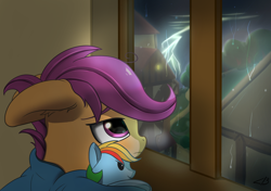 Size: 5016x3541 | Tagged: safe, artist:playful wings, imported from derpibooru, rainbow dash, scootaloo, pegasus, pony, blanket, cute, cutealoo, ear fluff, female, filly, floppy ears, foal, house, indoors, lightning, looking out the window, plushie, rain, rainbow dash plushie, scootasad, signature, solo, storm, thunderstorm, tree, window