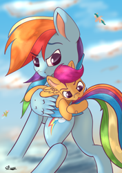 Size: 2480x3508 | Tagged: safe, artist:playful wings, imported from derpibooru, rainbow dash, scootaloo, pegasus, pony, :3, bandaid, biting, butt, colored wings, cute, cutealoo, duo focus, female, filly, foal, folded wings, high res, mare, nibbling, nom, outdoors, plot, ponies riding ponies, rainbutt dash, riding, riding a pony, scootaloo riding rainbow dash, tail, tail bite, two toned wings, wings