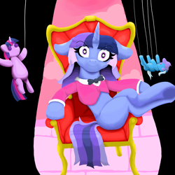 Size: 4000x4000 | Tagged: safe, artist:sonatadidit, imported from derpibooru, trixie, twilight sparkle, oc, oc:flawless sparklemoon, unicorn, bowtie, clothes, female, fusion, fusion:trixie, fusion:twilight sparkle, fusion:twixie, horn, mare, my little pony: coco pommel has her heart stolen, simple background