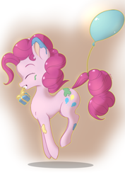 Size: 1771x2508 | Tagged: safe, artist:playful wings, imported from derpibooru, pinkie pie, earth pony, pony, balloon, eyes closed, female, gradient background, happy, jumping, mare, messy, mouth hold, paint, present, profile, side view, smiling, solo