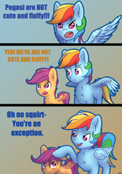 Size: 3541x5016 | Tagged: safe, artist:playful wings, imported from derpibooru, rainbow dash, scootaloo, pegasus, pony, 3 panel comic, :t, blatant lies, blushing, chest fluff, comic, cute, cutealoo, dashabetes, dialogue, duo, duo female, female, filly, floppy ears, fluffy, foal, folded wings, gradient background, grammar error, head pat, hypocritical humor, i'm not cute, mare, one ear down, open mouth, pat, petting, pouting, scootalove, spread wings, talking, tsundaloo, tsunderainbow, tsundere, volumetric mouth, wings