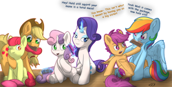 Size: 7001x3541 | Tagged: safe, artist:playful wings, imported from derpibooru, apple bloom, applejack, rainbow dash, rarity, scootaloo, sweetie belle, earth pony, pegasus, pony, unicorn, apple sisters, applejack's hat, belle sisters, combing, cowboy hat, cutie mark, cutie mark crusaders, dialogue, eyeshadow, female, filly, foal, glowing, glowing horn, hat, horn, levitation, magic, magic aura, makeup, mare, mouth hold, one eye closed, open mouth, scootaloo is not amused, siblings, simple background, sisters, sitting, talking, telekinesis, the cmc's cutie marks, transparent background, unamused, underhoof, wings