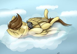 Size: 5016x3541 | Tagged: safe, artist:playful wings, imported from derpibooru, oc, oc only, oc:buttercup, pegasus, pony, cloud, ear fluff, eyes closed, legs in air, lying down, lying on a cloud, male, on a cloud, on back, outdoors, sleeping, sleeping on a cloud, small pony, solo, tongue out, wings