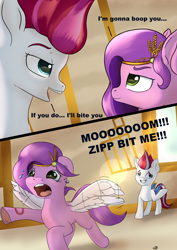 Size: 2480x3508 | Tagged: safe, artist:playful wings, imported from derpibooru, pipp petals, zipp storm, pegasus, pony, 2 panel comic, abuse, big sister, bite mark, colored wings, comic, crying, diadem, dialogue, duo, duo female, eye contact, eyelashes, feathered wings, female, filly, filly pipp petals, filly zipp storm, flapping wings, foal, folded wings, frog (hoof), g5, high res, implied boop, implied queen haven, indoors, jewelry, lens flare, looking at each other, looking at someone, motion lines, multicolored wings, open mouth, petalbuse, raised hoof, regalia, royal sisters (g5), sheepish grin, siblings, sisters, spread wings, this ended in pain, this ended in tears, this will end in grounding, tiara, underhoof, warning, wings, younger, zephyr heights