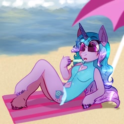 Size: 2048x2048 | Tagged: safe, artist:kittycocoa69, imported from derpibooru, izzy moonbow, anthro, unguligrade anthro, unicorn, arm hooves, beach, beach towel, beach umbrella, belly, belly button, breasts, clothes, commission, drool, drool string, female, food, g5, heart shaped boob window, horn, navel cutout, popsicle, suggestive eating, swimsuit, unshorn fetlocks