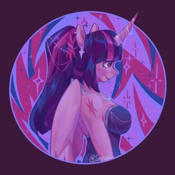 Size: 2048x2048 | Tagged: safe, artist:sarpiza_, imported from derpibooru, twilight sparkle, alicorn, anthro, abstract background, alternative cutie mark placement, bare shoulders, big breasts, breasts, bust, busty twilight sparkle, ear piercing, earring, female, horn, horn jewelry, jewelry, mare, necklace, piercing, ponytail, profile, shoulder cutie mark, sideboob, signature, smiling, solo, twilight sparkle (alicorn)