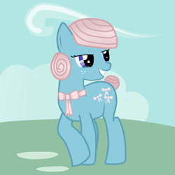 Size: 1000x1000 | Tagged: safe, artist:appletarty, imported from derpibooru, earth pony, pony, bow, bow tie (g1), cloud, freckles, g1, g1 to g4, generation leap, looking away, outdoors, smiling, solo