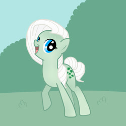 Size: 1000x1000 | Tagged: safe, artist:appletarty, imported from derpibooru, minty, oc, earth pony, pony, brush, female, female oc, g1, g1 to g4, g3, generation leap, looking at you, mare, mare oc, open mouth, outdoors, raised hoof, solo