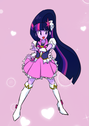 Size: 625x878 | Tagged: safe, artist:siemensohm, imported from derpibooru, twilight sparkle, human, equestria girls, clothes, cosplay, costume, cure lovely, dress, female, open mouth, open smile, pink background, precure, simple background, smiling