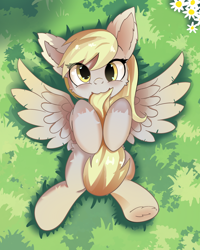 Size: 1600x2000 | Tagged: safe, alternate version, artist:sirbreadstick99, imported from derpibooru, derpy hooves, pegasus, pony, :3, cute, daaaaaaaaaaaw, derpabetes, derpy day, ear fluff, event, female, flower, grass, grass field, happy, hoof fluff, hoof hold, looking at you, lying down, mailmare, nom, outdoors, pegasus wings, solo, spread wings, sweet dreams fuel, tail, tail in mouth, weapons-grade cute, wings