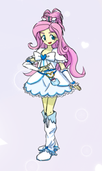 Size: 497x836 | Tagged: safe, artist:siemensohm, imported from derpibooru, fluttershy, human, equestria girls, clothes, cosplay, costume, cure white, dress, female, open mouth, open smile, precure, simple background, smiling, solo, white background