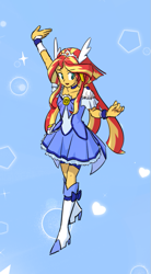 Size: 509x919 | Tagged: safe, artist:siemensohm, imported from derpibooru, sunset shimmer, human, equestria girls, blue background, clothes, cure beauty, dress, female, open mouth, open smile, precure, simple background, smiling, solo