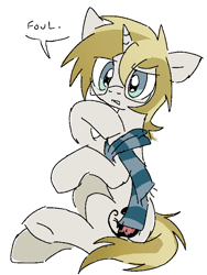 Size: 634x844 | Tagged: safe, artist:muffinz, imported from derpibooru, oc, oc only, oc:fretchen farrier, pony, unicorn, angry, clothes, disgusted, glasses, horn, male, scarf, solo, stallion, talking