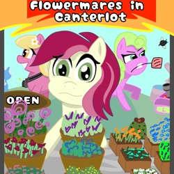 Size: 1280x1280 | Tagged: safe, artist:cosmicwaves35, imported from derpibooru, daisy, flower wishes, lily, lily valley, roseluck, trixie, earth pony, pony, canterlot, fimfiction, flower, shop, text