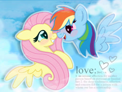 Size: 2000x1512 | Tagged: safe, artist:dagobbie, imported from derpibooru, fluttershy, rainbow dash, pegasus, pony, blushing, cloud, definition, duo, duo female, female, floating heart, floppy ears, flutterdash, heart, lesbian, looking at each other, looking at someone, love, mare, open mouth, open smile, outline, shipping, sky, smiling, spread wings, wings