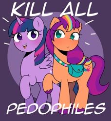 Size: 1868x2048 | Tagged: safe, artist:eltrash_art6, imported from derpibooru, sunny starscout, twilight sparkle, bag, dissonant caption, duo, duo female, female, g5, green eyes, implied pedophilia, looking at you, mane stripe sunny, mare, meme, open mouth, orange coat, purple coat, purple mane, purpleeyes, raised hoof, simple background, smiling, smiling at you, sunny and her heroine, text, unshorn fetlocks