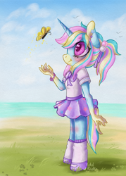 Size: 1944x2709 | Tagged: safe, artist:pastelpalette, imported from derpibooru, oc, oc:pastelpalette, anthro, butterfly, unicorn, background, beach, big eyes, blue coat, cute, horn, ponysona, smiling