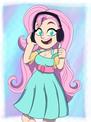 Size: 1536x2048 | Tagged: safe, artist:joseartcenteno, imported from derpibooru, fluttershy, human, blue dress, digital art, female, gradient background, headphones, humanized, light skin, open mouth, open smile, smiling, solo, thumbs up, vannamelon