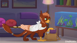 Size: 1920x1080 | Tagged: safe, artist:limedazzle, imported from derpibooru, oc, oc only, oc:pavlos, griffon, aquarium, bandage, bandaged wing, book, couch, goggles, lamp, male, painting, pillow, solo, wings