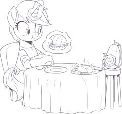 Size: 1122x1040 | Tagged: safe, artist:nauyaco, imported from derpibooru, oc, pony, unicorn, burger, female, food, glados, hay burger, horn, magic, mare, monochrome, portal (valve), potato