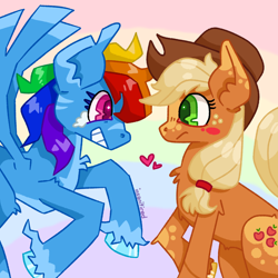 Size: 2250x2250 | Tagged: safe, artist:insanitired, imported from derpibooru, applejack, rainbow dash, appledash, applejack's hat, blushing, cowboy hat, duo, duo female, female, hat, lesbian, looking at each other, looking at someone, shipping