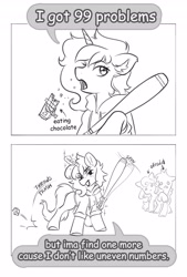 Size: 2767x4096 | Tagged: safe, artist:opalacorn, imported from derpibooru, oc, oc only, earth pony, pony, unicorn, 2 panel comic, baseball bat, chocolate bar, clothes, comic, dialogue, eating, female, grayscale, grin, hoodie, horn, levitation, magic, mare, monochrome, scared, simple background, smiling, solo focus, speech bubble, telekinesis, trio, white background