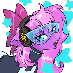 Size: 4096x4096 | Tagged: safe, artist:opalacorn, imported from derpibooru, oc, oc only, oc:lillybit, earth pony, pony, bow, eyebrows, eyebrows visible through hair, female, floppy ears, hair bow, headset, lidded eyes, looking at you, mare, open mouth, open smile, smiling, smiling at you, solo, visor