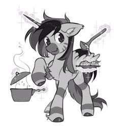 Size: 2700x2700 | Tagged: safe, artist:opalacorn, imported from derpibooru, oc, oc only, oc:silver stream, alicorn, zebra, zebra alicorn, black and white, chest fluff, floppy ears, food, grayscale, horn, ladle, levitation, magic, male, monochrome, plate, pot, simple background, solo, stallion, telekinesis, white background, wings, zebra oc