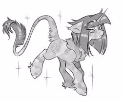 Size: 3556x3000 | Tagged: safe, artist:opalacorn, imported from derpibooru, oc, oc only, oc:morning mist, pony, unicorn, black and white, eyebrows, eyebrows visible through hair, female, fetlock tuft, floppy ears, grayscale, horn, leonine tail, looking at you, mare, monochrome, simple background, solo, sparkles, tail, tail fluff, white background