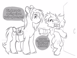 Size: 4096x3092 | Tagged: safe, artist:opalacorn, imported from derpibooru, oc, oc only, oc:alnitak, oc:tranquil trails, earth pony, pony, bag, bandana, bipedal, black and white, chest fluff, dialogue, duo, duo male and female, female, grayscale, male, mare, monochrome, saddle bag, speech bubble, stallion