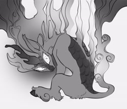 Size: 3872x3300 | Tagged: safe, artist:opalacorn, imported from derpibooru, oc, oc only, kirin, nirik, black and white, creepy, fire, grayscale, head tilt, kirin oc, looking at you, looking back, looking back at you, monochrome, simple background, solo, white background