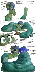 Size: 4000x8000 | Tagged: safe, artist:fluffyxai, imported from derpibooru, oc, oc only, oc:gray hat, oc:guard cobalt flash, lamia, original species, snake, coiling, coils, giggling, grin, gritted teeth, hug, hypnosis, mid transformation, post-transformation, shocked, smiling, speech, surprised, sweat, sweatdrop, tail, tail wrap, talking, teeth, text, transformation, wrapped up