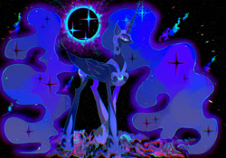 Size: 2388x1668 | Tagged: safe, artist:aquma, imported from derpibooru, nightmare moon, alicorn, pony, eclipse, ethereal mane, female, mare, slender, solar eclipse, solo, space, thin