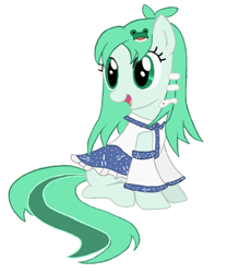 Size: 1050x1200 | Tagged: safe, artist:izumi-ru, imported from derpibooru, earth pony, pony, :d, clothes, detached sleeves, female, frills, full body, green coat, green eyes, green mane, green tail, hair ornament, kochiya sanae, long sleeves, looking away, mare, miko, open mouth, open smile, ponified, simple background, sitting, skirt, smiling, solo, tail, touhou, turned head, white background