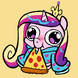 Size: 618x624 | Tagged: safe, artist:paperbagpony, imported from derpibooru, princess cadance, blushing, chibi, clothes, commission, crown, food, hoodie, jewelry, pizza, regalia, ych result