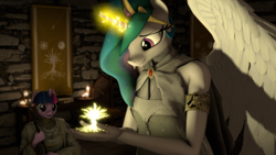 Size: 3840x2160 | Tagged: safe, artist:fireemerald123, imported from derpibooru, princess celestia, tree of harmony, twilight sparkle, anthro, 3d, banner, clothes, dress, magic, realistic wings, robes, source filmmaker, staff, sæla, watermark, wings