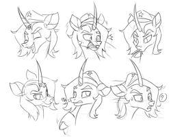 Size: 4000x3196 | Tagged: safe, artist:thescornfulreptilian, imported from derpibooru, oc, oc:angkasa, unicorn, them's fightin' herds, bust, community related, expressions, facial expressions, horn, monochrome, simple background, sketch, solo, tfh oc, white background