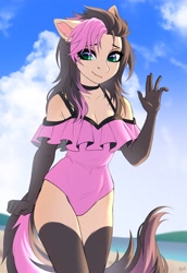 Size: 2825x4096 | Tagged: safe, artist:hakaina, oc, oc only, anthro, breasts, clothes, female, socks (coat markings)