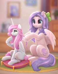 Size: 2072x2600 | Tagged: safe, artist:scheadar, imported from derpibooru, oc, oc only, oc:hollow moon, oc:lilac breeze, pegasus, pony, bow, braid, cushion, doll, hair bow, hair styling, indoors, pegasus oc, toy, wings