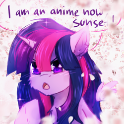 Size: 2480x2480 | Tagged: safe, artist:sinrinf, imported from derpibooru, twilight sparkle, alicorn, pony, anime, cherry blossoms, flower, flower blossom, implied sunset shimmer, open mouth, solo