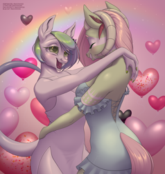 Size: 4000x4200 | Tagged: safe, artist:moonhoek, imported from derpibooru, oc, oc only, oc:mi-mi, oc:shirohana, anthro, earth pony, pony, balloon, blushing, clothes, couple, cute, digital art, dress, duo, feather, female, females only, flower, flower in hair, gift art, heart, heart balloon, holiday, horns, lesbian, love, nail polish, open mouth, open smile, rainbow, romantic, smiling, teeth, valentine's day