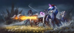 Size: 2560x1142 | Tagged: safe, artist:mrscroup, imported from derpibooru, shining armor, zecora, oc, changeling, pony, unicorn, zebra, american civil war, blue eyes, clothes, commission, confederate, digital art, fangs, female, group, gun, hat, high res, horn, magic, male, mare, military uniform, outdoors, peaked cap, serious, serious face, telekinesis, unicorn oc, uniform, uniform hat, war, weapon, wings, zebra oc