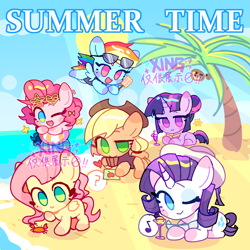 Size: 2000x2000 | Tagged: safe, artist:xiaoxingxin, imported from derpibooru, applejack, fluttershy, pinkie pie, rainbow dash, rarity, twilight sparkle, crab, earth pony, pegasus, unicorn, :d, ;d, beach, chibi, drink, floaty, flying, food, hat, horn, ice cream, mane six, one eye closed, open mouth, open smile, outdoors, palm tree, pool toy, question mark, sand, smiling, summer, sunglasses, text, tree, wink